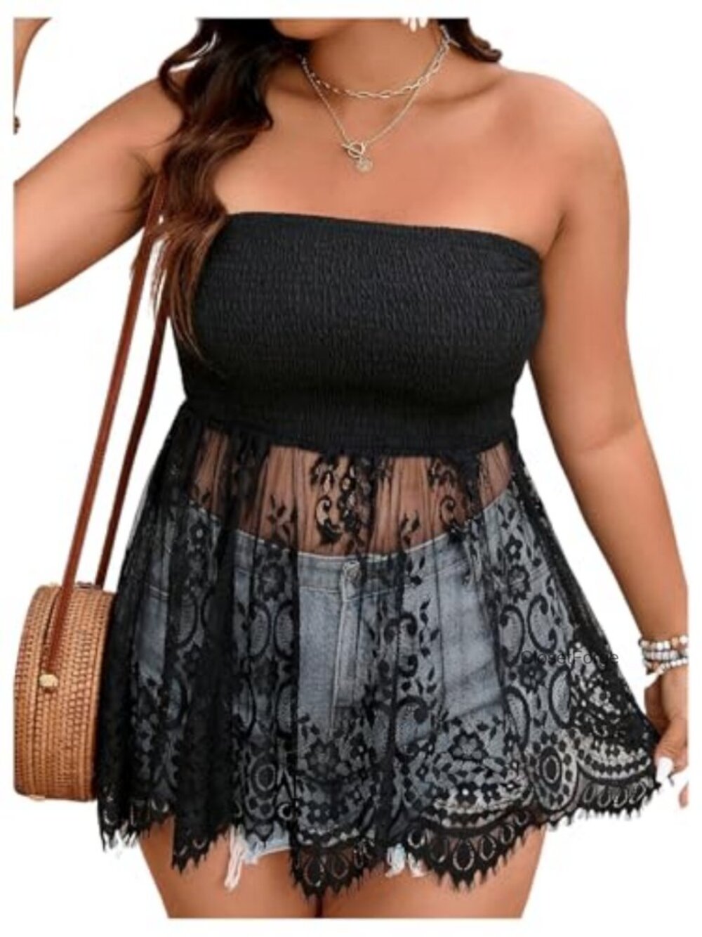 Plus Size Lace Tube Top Strapless Ruffle Peplum Top Backless Sleeveless